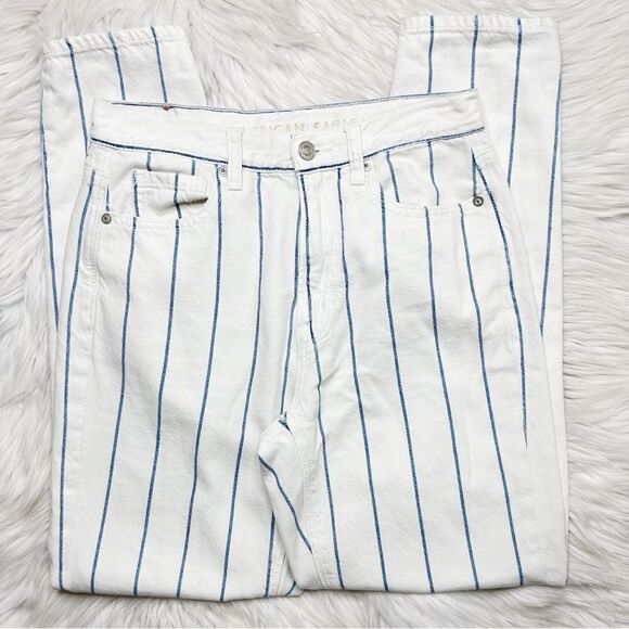American Eagle Striped Straight Leg Mom Jeans White and Blue Size 2 - Picture 1 of 4
